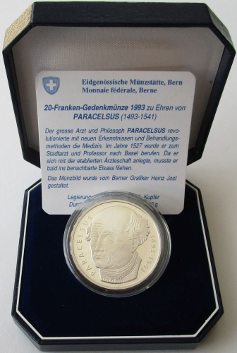 Schweiz 20 Franken 1993 Paracelsus PP
