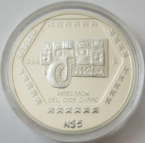 Mexiko 5 Nuevos Pesos 1994 Präkolumbische Ära Mascaron del Dios Chaac PP (lose)