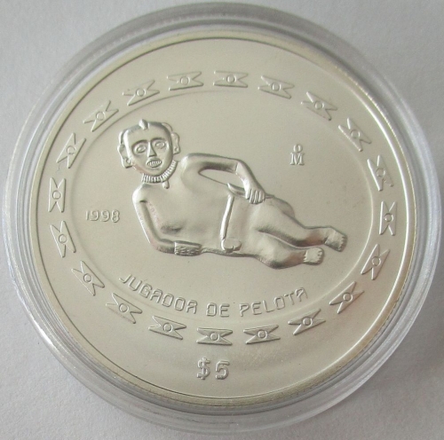 Mexico 5 Pesos 1998 Pre-Columbian Era Jugador de Pelota 1 Oz Silver