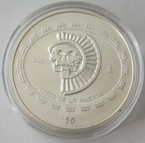 Mexico 5 Pesos 1998 Pre-Columbian Era Disco de la Muerte 1 Oz Silver