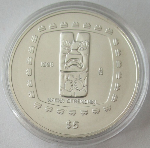 Mexico 5 Pesos 1998 Pre-Columbian Era Hacha Ceremonial 1 Oz Silver