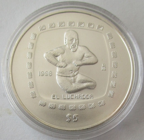 Mexico 5 Pesos 1998 Pre-Columbian Era El Luchador 1 Oz Silver