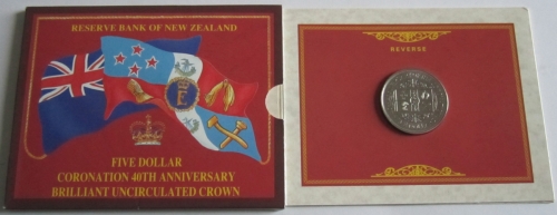 New Zealand 5 Dollars 1993 40 Years Coronation Queen Elizabeth II BU