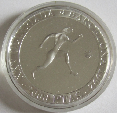 Spain 2000 Pesetas 1990 Olympics Barcelona Antique Athlete Silver Proof