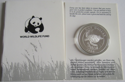 Bermuda 1 Dollar 1986 25 Years WWF Green Sea Turtle Silver Proof