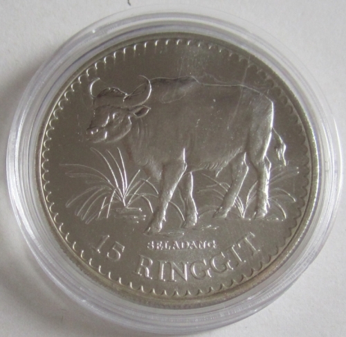 Malaysia 15 Ringgit 1976 15 Years WWF Gaur Silver BU