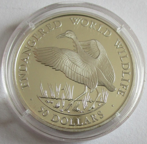 Cook Islands 50 Dollars 1990 Wildlife Whooping Crane Silver