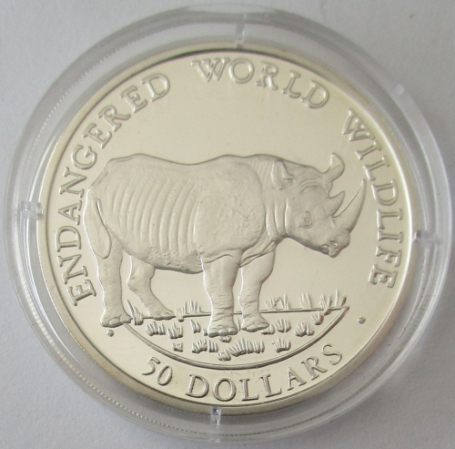 Cook Islands 50 Dollars 1990 Wildlife Black Rhinoceros Silver