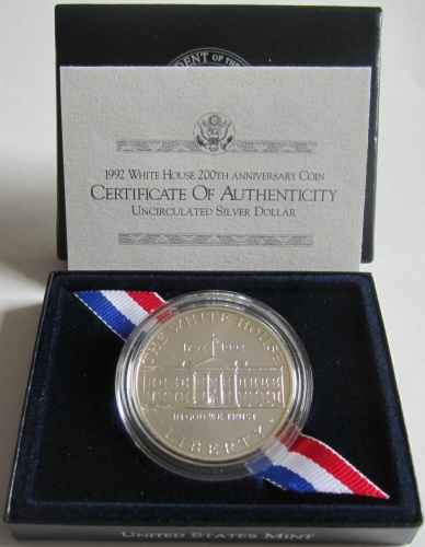 USA 1 Dollar 1992 200 Years White House in Washington Silver BU