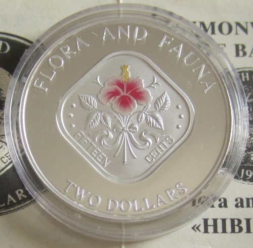Bahamas 2 Dollars 1995 Flora & Fauna Hibiscus 1 Oz Silver