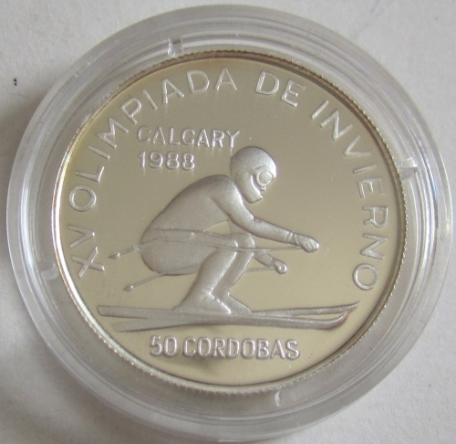 Nicaragua 50 Cordobas 1988 Olympics Calgary Alpine Skiing Silver