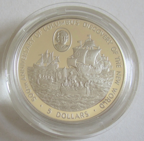 Cayman Islands 5 Dollars 1988 500 Years America Christopher Columbus Silver