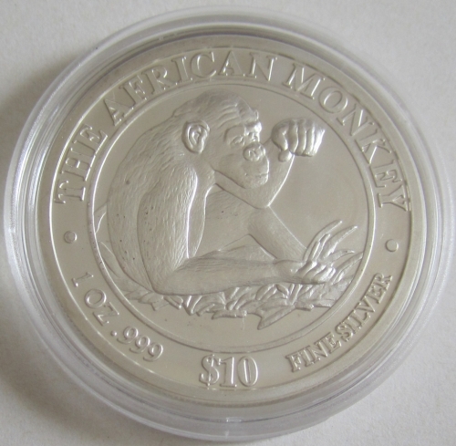 Somalia 10 Dollars 2002 African Monkey 1 Oz Silver