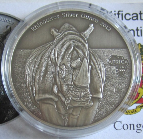 Congo 1000 Francs 2012 Wildlife Rhinoceros 1 Oz Silver