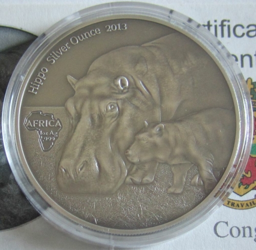 Congo 1000 Francs 2013 Wildlife Hippopotamus 1 Oz Silver