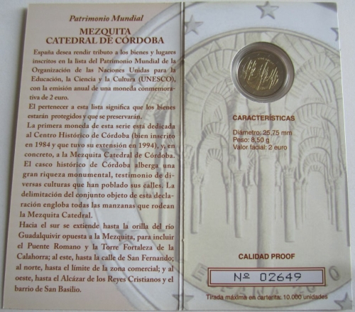 Spain 2 Euro 2010 UNESCO Mezquita de Córdoba Proof