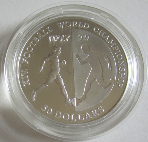 Niue 50 Dollars 1990 Football World Cup in Italy Tackling Silver