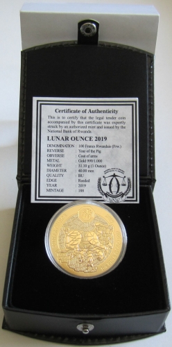 Rwanda 100 Amafaranga 2019 Lunar Pig 1 Oz Gold