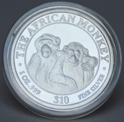 Somalia 10 Dollars 2000 African Monkey 1 Oz Silver